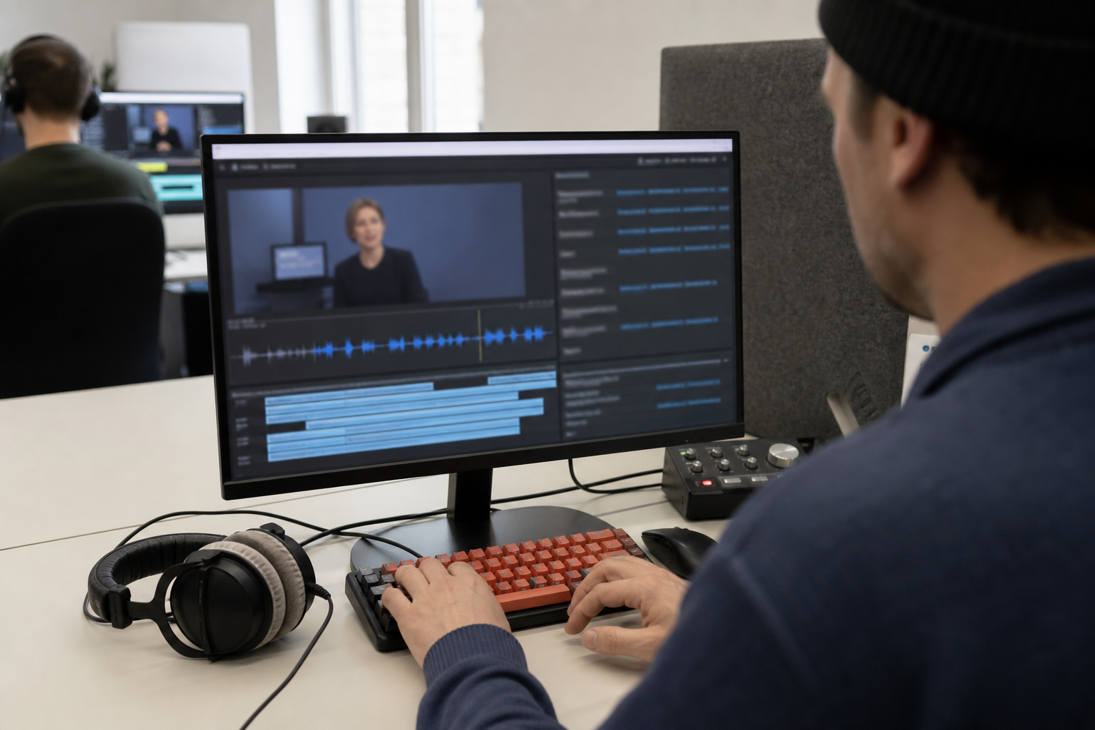 Videoproduzent bearbeitet ein Interview mit sichtbarer Tonspur und Untertitelblöcken auf einem Monitor