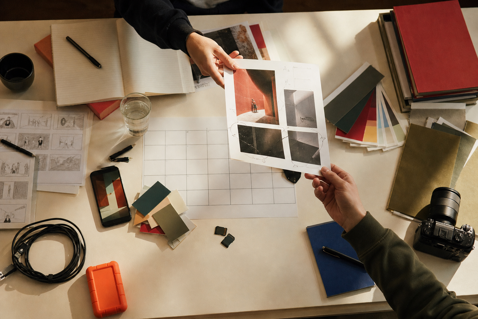 Zwei Personen prüfen Storyboards, Farbkarten und einen Produktionskalender auf einem hellen Arbeitstisch